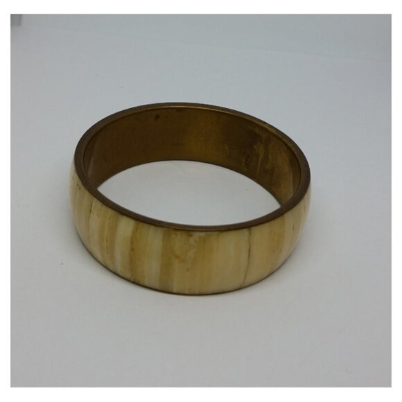 Vintage brass and bovine bone inlay bangle bracelet rustic handmade boho India - Picture 2 of 2